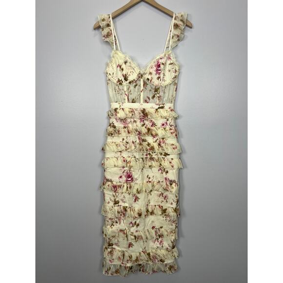V. Chapman The Fiorenza Dress in English Rose Size 2 Midi Floral Corset Lace - Picture 7 of 13